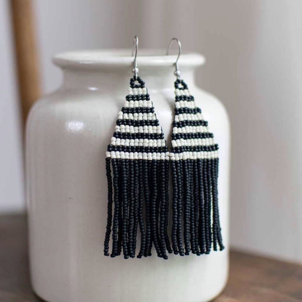 Striped Black and White Beaded Earrings